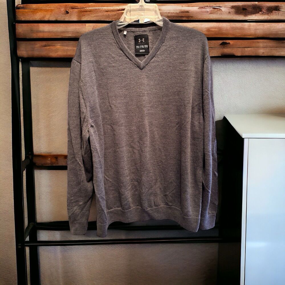 Under Armour Sweater Mens Gray V Neck Long Sleeve Casual Athleisure XXL Preppy